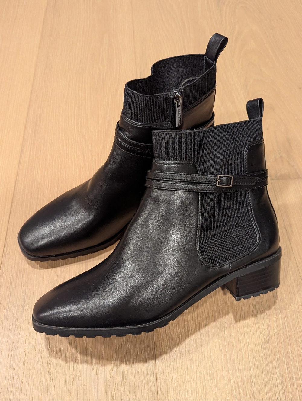 Anne Klein Black Leather Ankle Booties with Low Block Heel